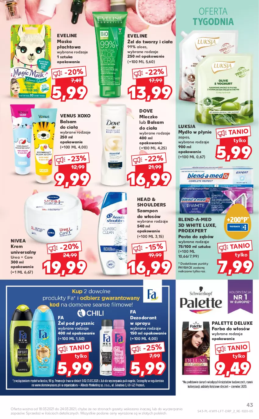 Gazetka promocyjna Kaufland - OFERTA TYGODNIA - ważna 18.03 do 24.03.2021 - strona 43 - produkty: Balsam do ciała, Blend-a-Med, Dezodorant, Dove, Eveline, Fa, Farba do włosów, Luksja, Maska, Mleczko, Mydło, Mydło w płynie, Nivea, Palette, Pasta do zębów, Szampon, Venus