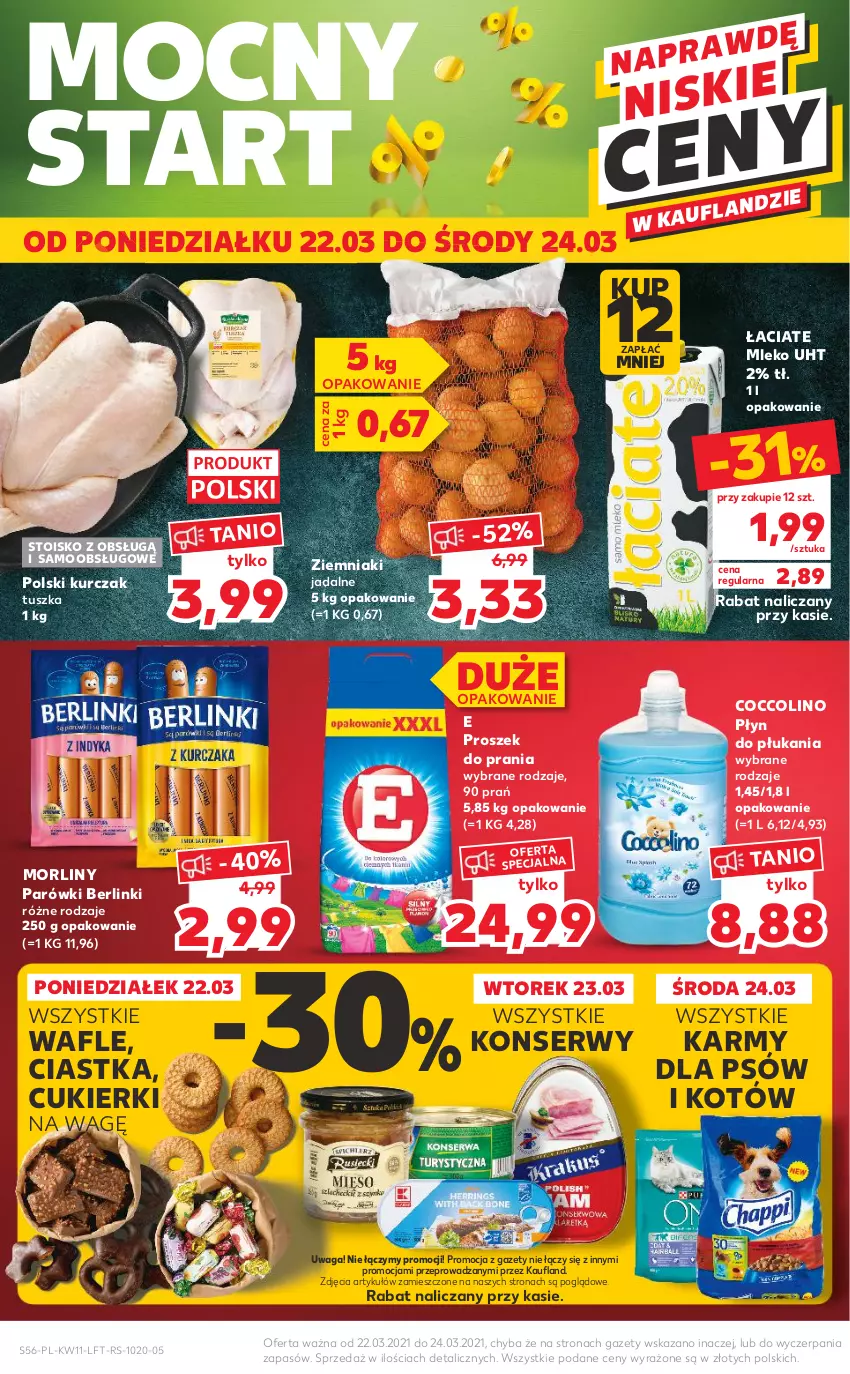 Gazetka promocyjna Kaufland - OFERTA TYGODNIA - ważna 18.03 do 24.03.2021 - strona 56 - produkty: Berlinki, Ciastka, Coccolino, Cukier, Cukierki, Kurczak, Mleko, Morliny, Parówki, Płyn do płukania, Proszek do prania, Ser, Tusz, Wafle, Waga, Ziemniaki