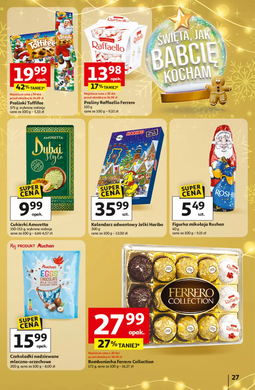 Gazetka promocyjna Auchan - Gazetka Święta jak babcię kocham Hipermarket Auchan - ważna 27.11 do 03.12.2025 - strona 27 - produkty: Cukier, Cukierki, Fa, Ferrero, Haribo, Kalendarz, Kalendarz adwentowy, Praliny, Raffaello, Toffifee