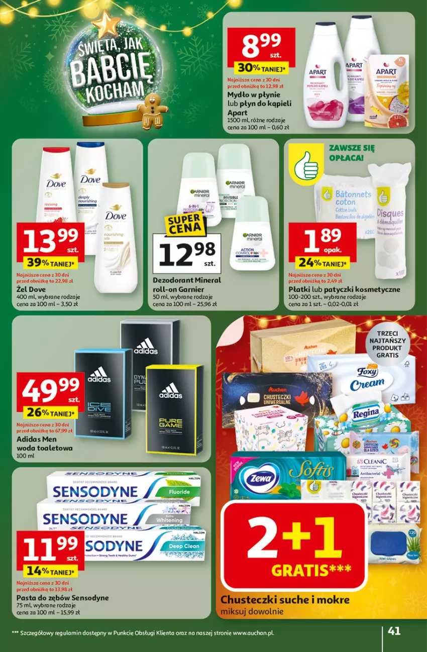Gazetka promocyjna Auchan - Gazetka Święta jak babcię kocham Hipermarket Auchan - ważna 27.11 do 03.12.2025 - strona 41 - produkty: Adidas, Chusteczki, Dove, Garnier, Gra, Mydło, Mydło w płynie, Pasta do zębów, Patyczki kosmetyczne, Płyn do kąpieli, Sensodyne, Woda, Woda toaletowa