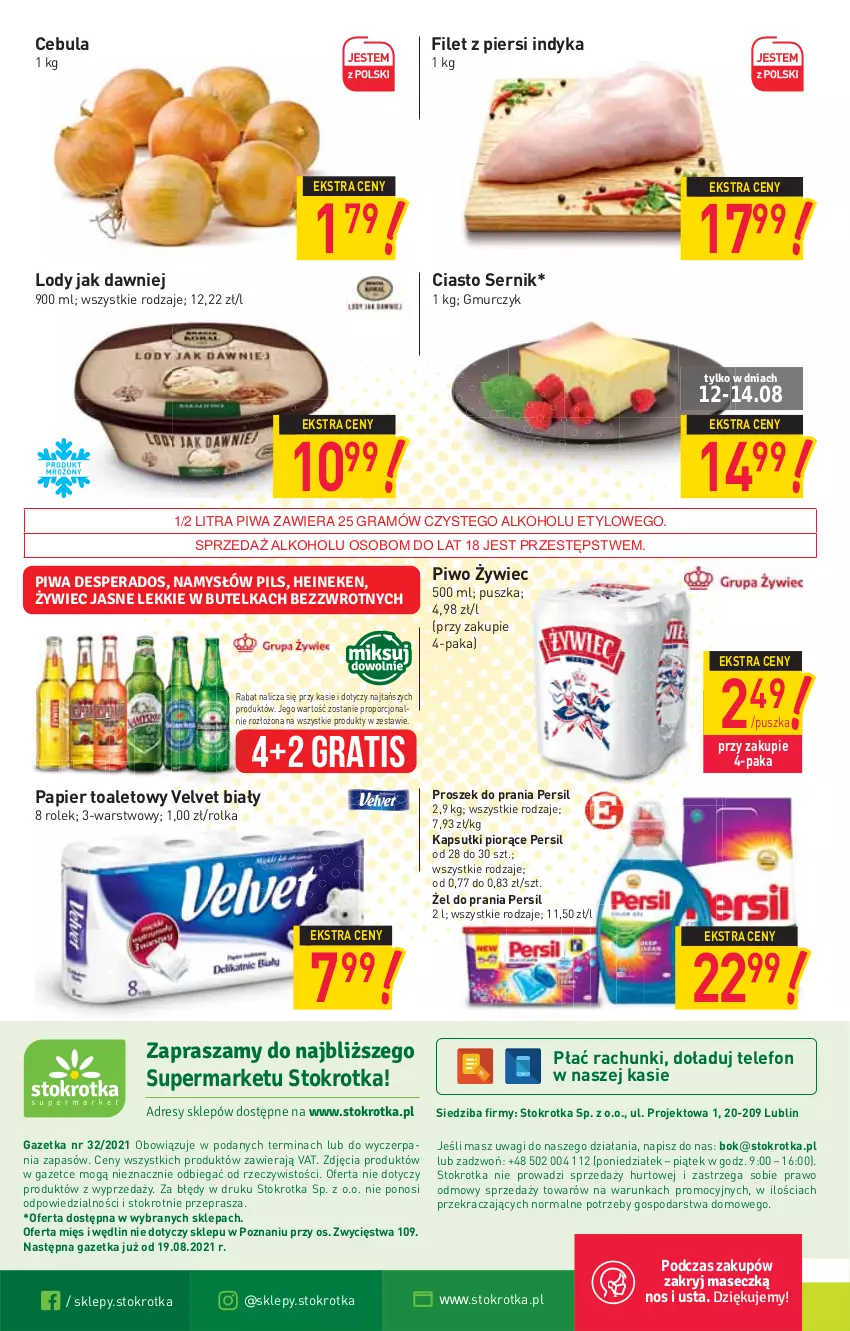 Gazetka promocyjna Stokrotka - Supermarket - ważna 12.08 do 18.08.2021 - strona 20 - produkty: Cebula, Ciasto sernik, Filet z piersi indyka, Gra, Lody, O nas, Papier, Papier toaletowy, Persil, Piwa, Piwo, Por, Proszek do prania, Ser, Telefon, Velvet, Wagi