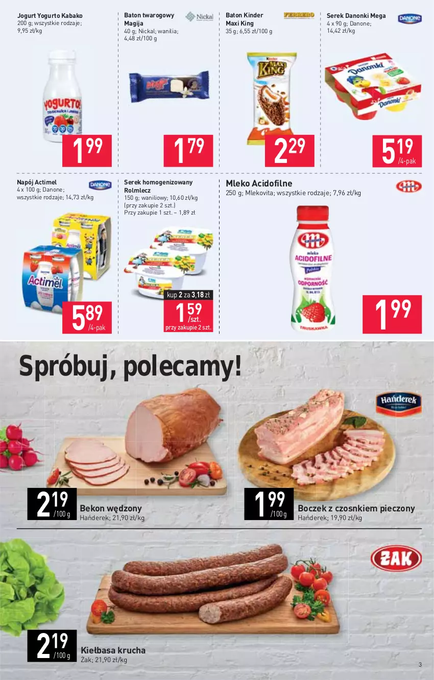 Gazetka promocyjna Stokrotka - Supermarket - ważna 12.08 do 18.08.2021 - strona 3 - produkty: Actimel, Baton, Beko, Boczek, Danone, Danonki, Jogurt, Kiełbasa, Kiełbasa krucha, Kinder, Magija, Mleko, Mlekovita, Napój, Piec, Rolmlecz, Ser, Serek, Serek homogenizowany