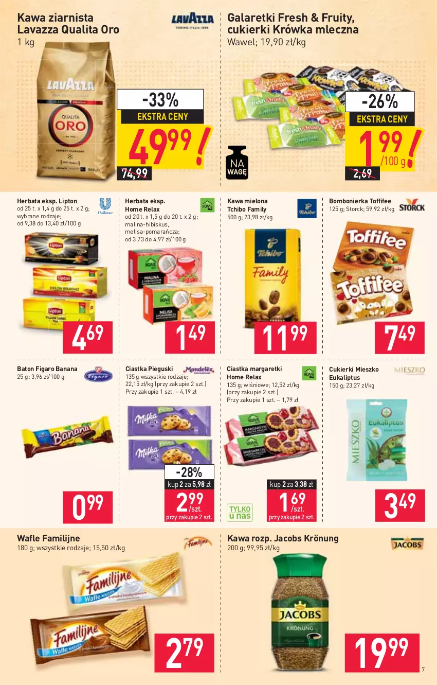 Gazetka promocyjna Stokrotka - Supermarket - ważna 12.08 do 18.08.2021 - strona 7 - produkty: Baton, Ciastka, Cukier, Cukierki, Fa, Gala, Galaretki, Herbata, Hibiskus, Jacobs, Jacobs Krönung, Kawa, Kawa mielona, Kawa ziarnista, Lavazza, Lipton, Tchibo, Tchibo Family, Toffifee, Wafle, Wawel