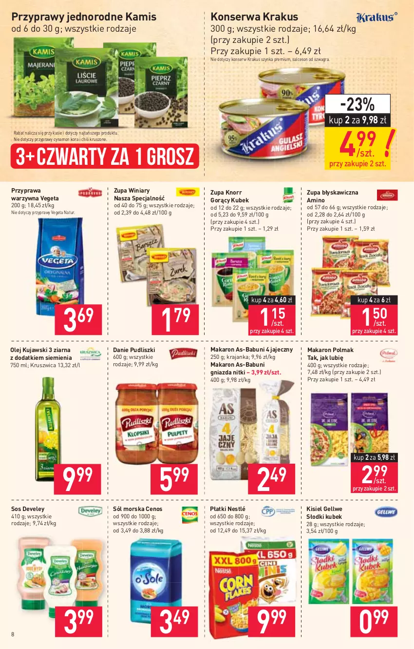 Gazetka promocyjna Stokrotka - Supermarket - ważna 12.08 do 18.08.2021 - strona 8 - produkty: Babuni, Cenos, Gra, Kamis, Kisiel, Knorr, Krakus, Kubek, Kujawski, Makaron, Nestlé, Olej, Olma, Przyprawy, Pudliszki, Salceson, Ser, Sól, Sos, Szynka, Szynka premium, Vegeta, Vegeta Natur, Winiary, Zupa