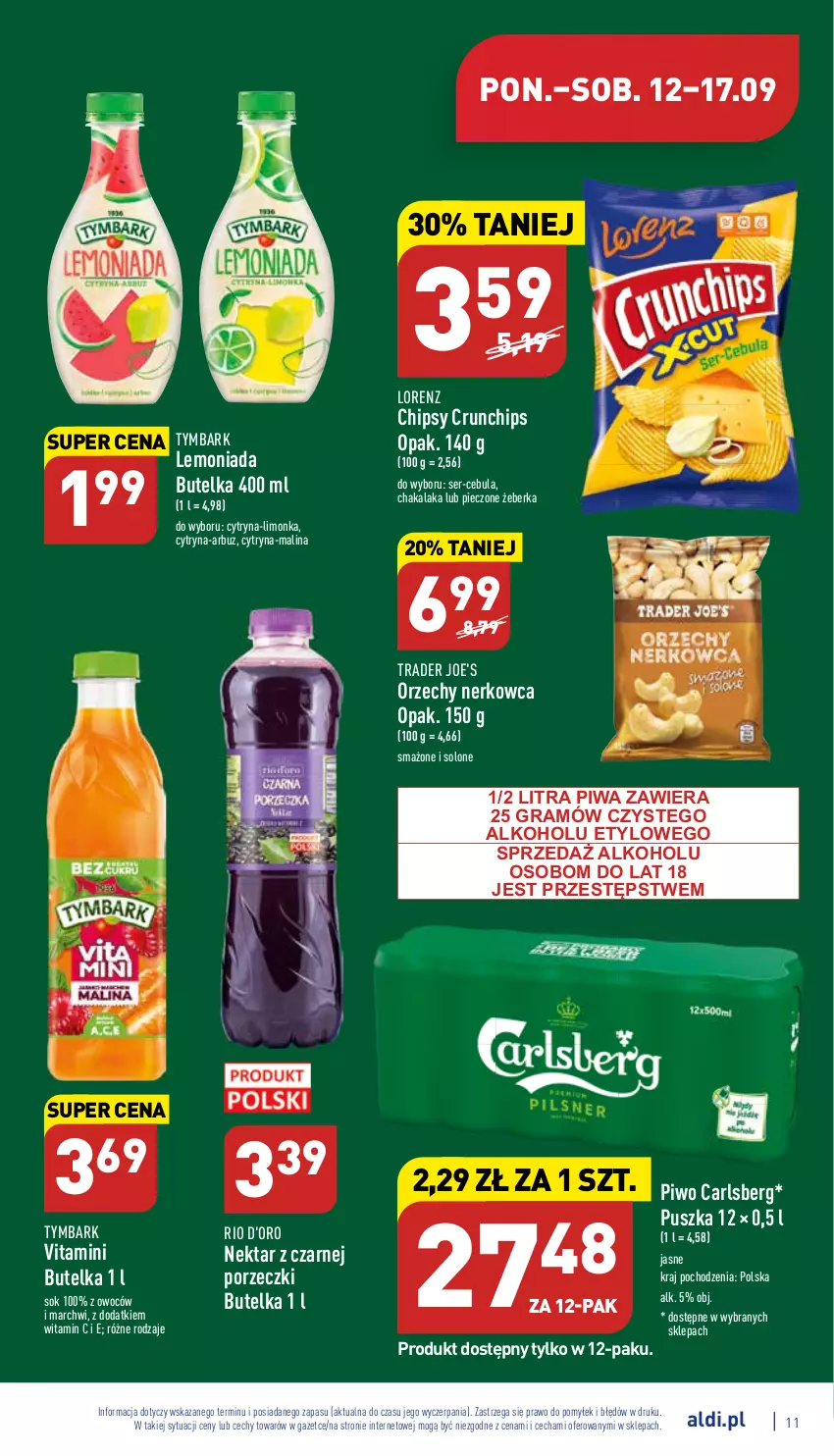 Gazetka promocyjna Aldi - Katalog spożywczy - ważna 12.09 do 17.09.2022 - strona 11 - produkty: Arbuz, Carlsberg, Cebula, Chipsy, Crunchips, Gra, Lemoniada, Limonka, Lorenz, Nektar, Piec, Piwa, Piwo, Por, Ser, Sok, Tymbark