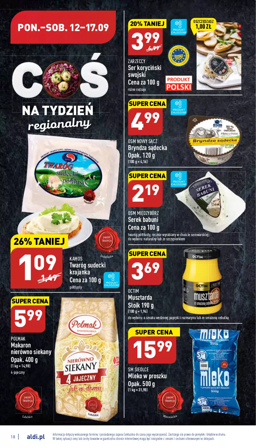 Gazetka promocyjna Aldi - Katalog spożywczy - ważna 12.09 do 17.09.2022 - strona 18 - produkty: Babuni, Bryndza, KaMos, Makaron, Mleko, Mleko w proszku, Mus, Musztarda, Olma, Ser, Serek, Serek babuni, Twaróg, Twaróg półtłusty