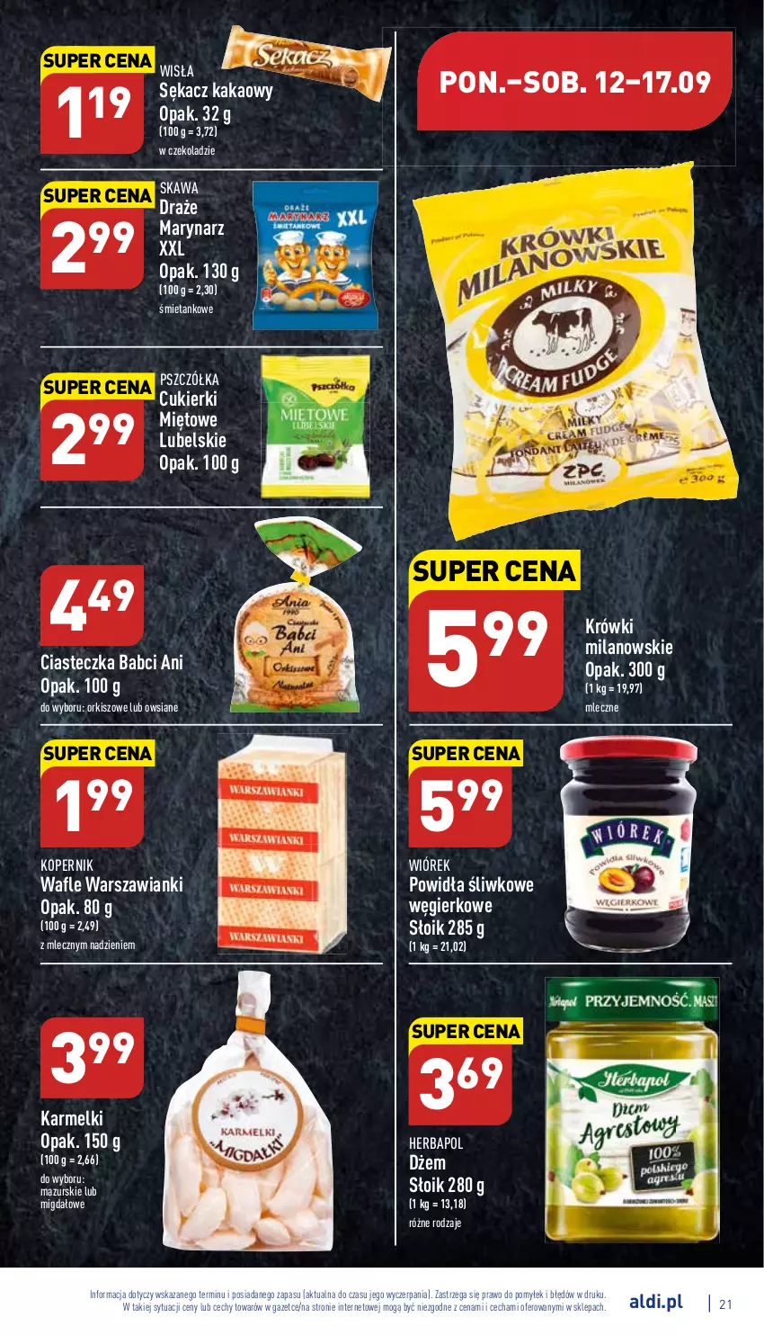 Gazetka promocyjna Aldi - Katalog spożywczy - ważna 12.09 do 17.09.2022 - strona 21 - produkty: Cukier, Cukierki, Dżem, Herbapol, Kakao, Kawa, Sękacz, Wafle