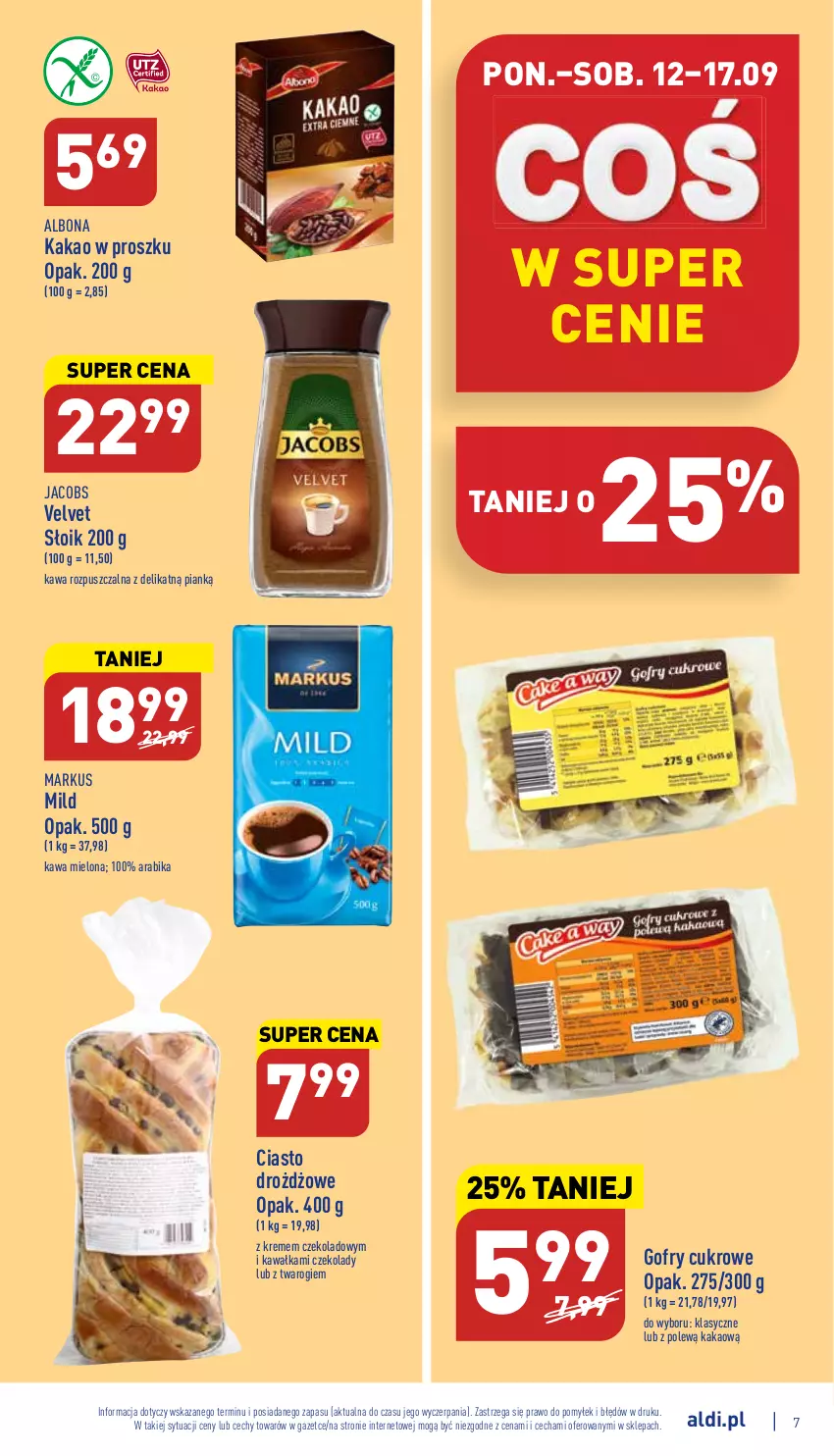 Gazetka promocyjna Aldi - Katalog spożywczy - ważna 12.09 do 17.09.2022 - strona 7 - produkty: Albona, Gofry, Jacobs, Jacobs Velvet, Kakao, Kawa, Kawa mielona, Kawa rozpuszczalna, Velvet