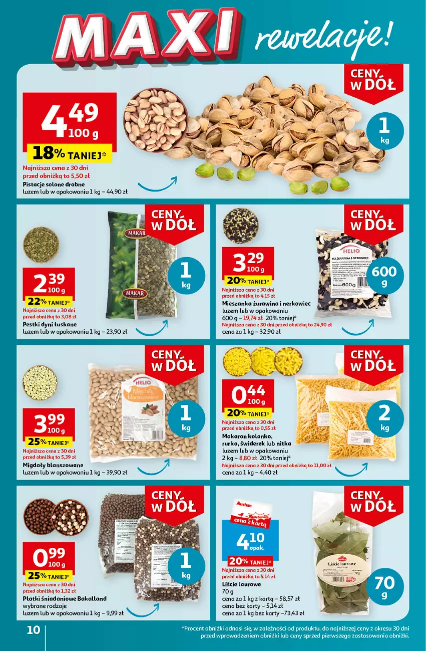 Gazetka promocyjna Auchan - Gazetka Ceny w dół Część 3 Hipermarket Auchan - ważna 18.01 do 24.01.2024 - strona 10 - produkty: Bakalland, Danio, Laur, Makaron, Migdały, Pestki dyni, Pistacje