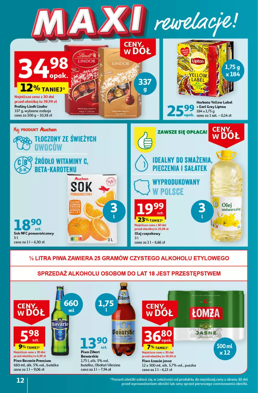 Gazetka promocyjna Auchan - Gazetka Ceny w dół Część 3 Hipermarket Auchan - ważna 18.01 do 24.01.2024 - strona 12 - produkty: Earl Grey, Gra, Herbata, Lindor, Lindt, Lipton, Olej, Olej rzepakowy, Piwa, Piwo, Praliny, Sok, Sok pomarańczowy