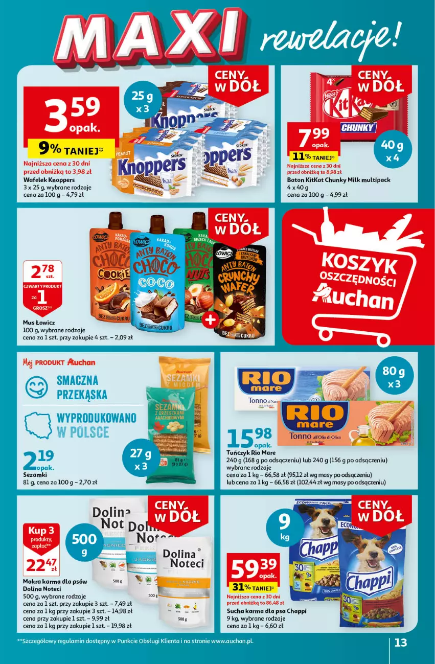 Gazetka promocyjna Auchan - Gazetka Ceny w dół Część 3 Hipermarket Auchan - ważna 18.01 do 24.01.2024 - strona 13 - produkty: Baton, Chappi, Knoppers, Mokra karma, Mus, Rio Mare, Sezam, Sucha karma, Tuńczyk, Wafelek