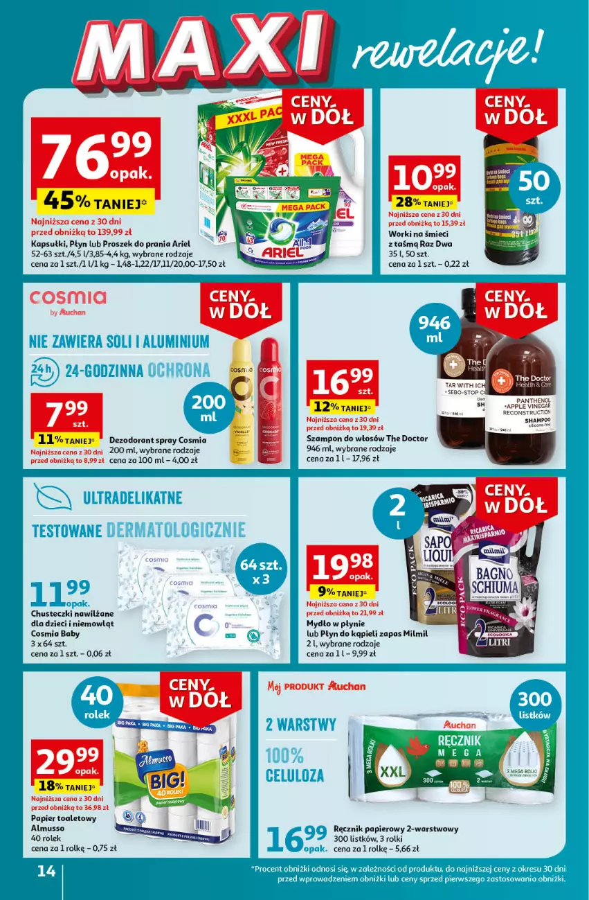 Gazetka promocyjna Auchan - Gazetka Ceny w dół Część 3 Hipermarket Auchan - ważna 18.01 do 24.01.2024 - strona 14 - produkty: Ariel, Chusteczki, Dezodorant, Dzieci, Mus, Mydło, Mydło w płynie, Papier, Papier toaletowy, Płyn do kąpieli, Proszek do prania, Ręcznik, Rolki, Szampon, Top, Worki na śmiec, Worki na śmieci