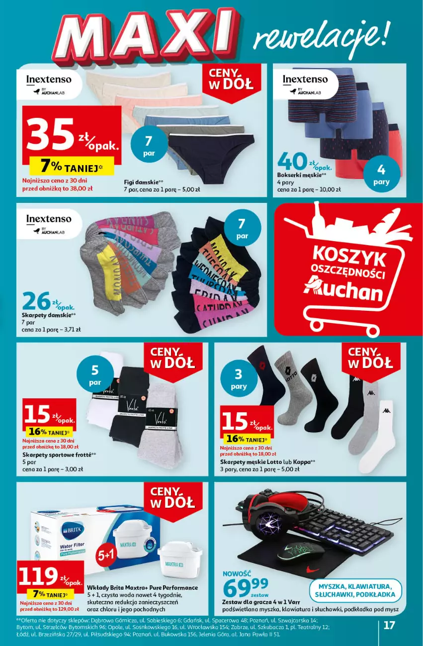 Gazetka promocyjna Auchan - Gazetka Ceny w dół Część 3 Hipermarket Auchan - ważna 18.01 do 24.01.2024 - strona 17 - produkty: Bokserki, Brit, Brita, Brita Maxtra, Figi, Gra, Karp, Klawiatura, LANA, Mysz, Podkład, Podkładka, Podkładka pod mysz, Por, Pur, Ser, Słuchawki, Sport, Woda