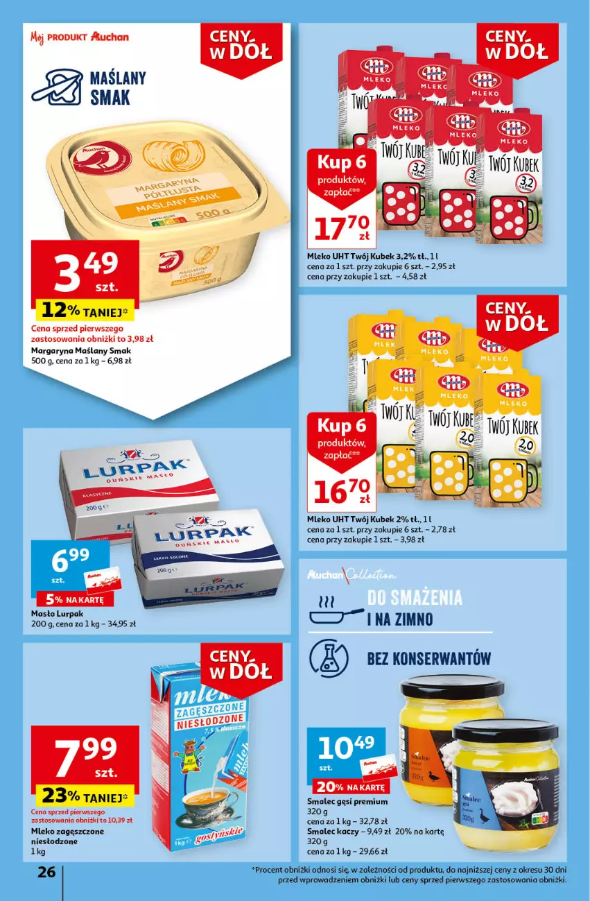 Gazetka promocyjna Auchan - Gazetka Ceny w dół Część 3 Hipermarket Auchan - ważna 18.01 do 24.01.2024 - strona 26 - produkty: Kubek, Lurpak, Margaryna, Masło, Mleko, Mleko zagęszczone, Ser, Smalec