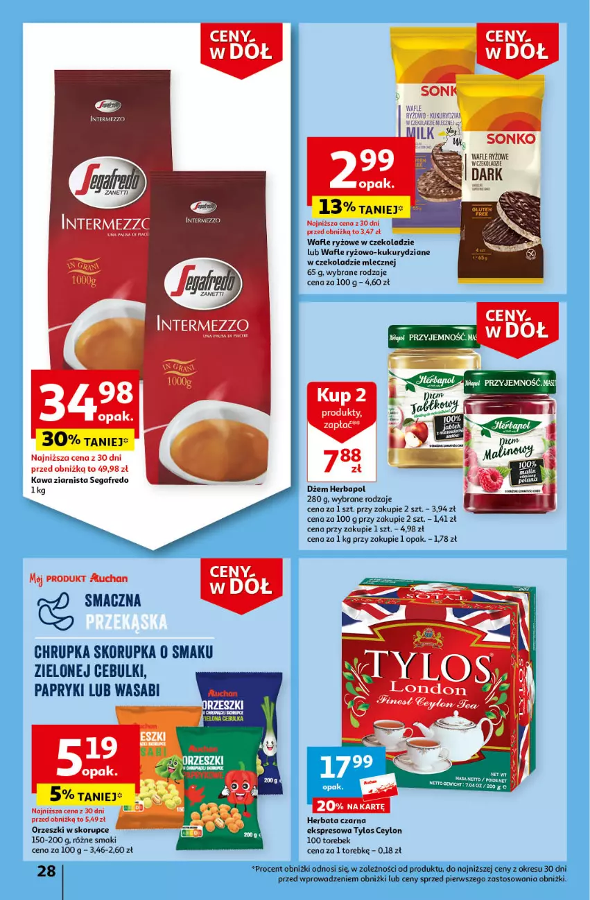 Gazetka promocyjna Auchan - Gazetka Ceny w dół Część 3 Hipermarket Auchan - ważna 18.01 do 24.01.2024 - strona 28 - produkty: Dżem, Herbapol, Herbata, Herbata czarna, Kawa, Kawa ziarnista, Orzeszki, Orzeszki w skorupce, Ryż, Segafredo, Sonko, Wafle, Wasa