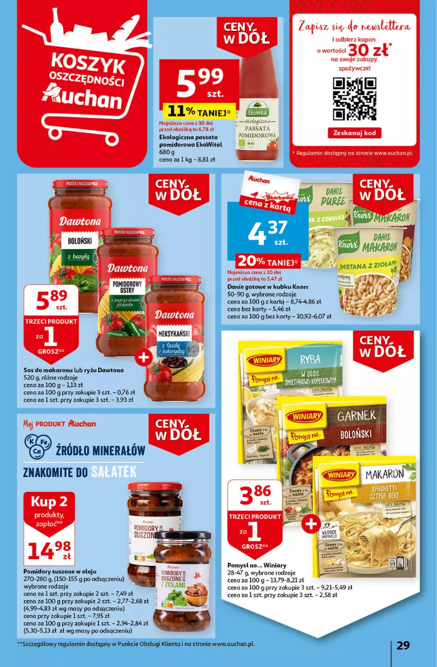 Gazetka promocyjna Auchan - Gazetka Ceny w dół Część 3 Hipermarket Auchan - ważna 18.01 do 24.01.2024 - strona 29 - produkty: Danie gotowe, Dawtona, Knorr, Makaron, Mus, Olej, Pomidory, Ryż, Sos, Sos do makaronu, Winiary