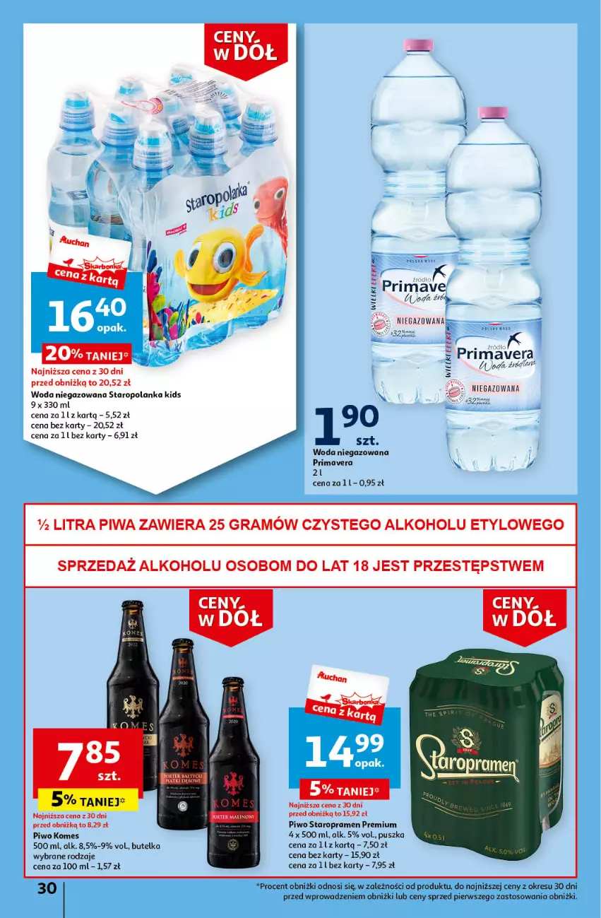 Gazetka promocyjna Auchan - Gazetka Ceny w dół Część 3 Hipermarket Auchan - ważna 18.01 do 24.01.2024 - strona 30 - produkty: Gra, Piwa, Piwo, Prima, Primavera, Staropolanka, Woda, Woda niegazowana