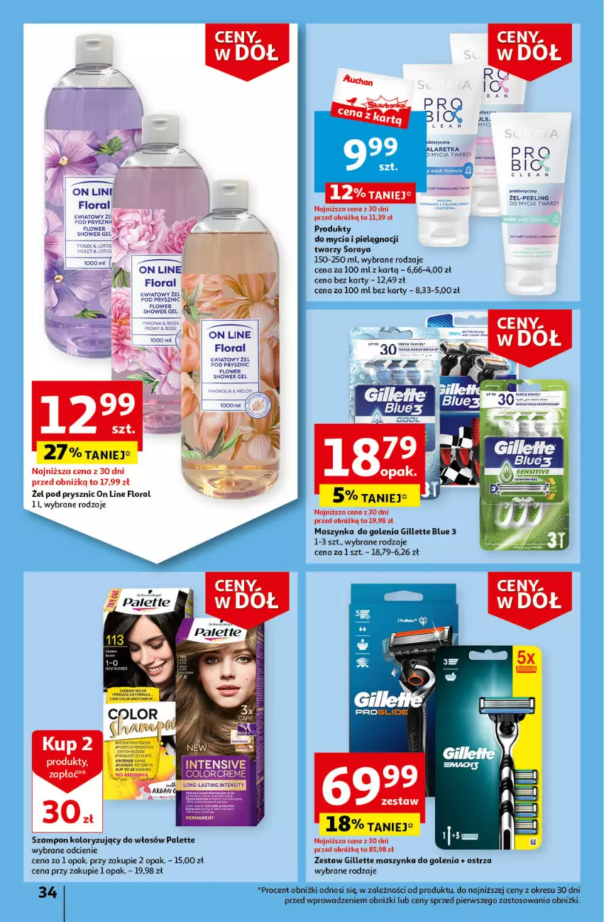 Gazetka promocyjna Auchan - Gazetka Ceny w dół Część 3 Hipermarket Auchan - ważna 18.01 do 24.01.2024 - strona 34 - produkty: Flora, Gillette, Maszynka, Maszynka do golenia, Palette, Peeling, Por, Szampon, Szynka