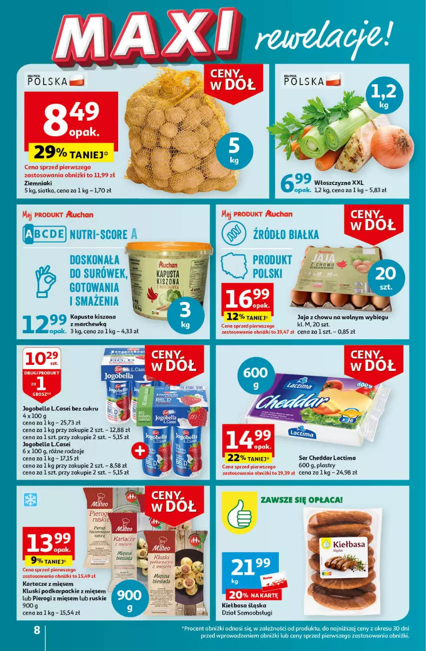 Gazetka promocyjna Auchan - Gazetka Ceny w dół Część 3 Hipermarket Auchan - ważna 18.01 do 24.01.2024 - strona 8 - produkty: Bell, Bella, Cheddar, Jaja, Jogobella, Karp, Kiełbasa, Kiełbasa śląska, Pierogi, Ser, Siatka, Ziemniaki