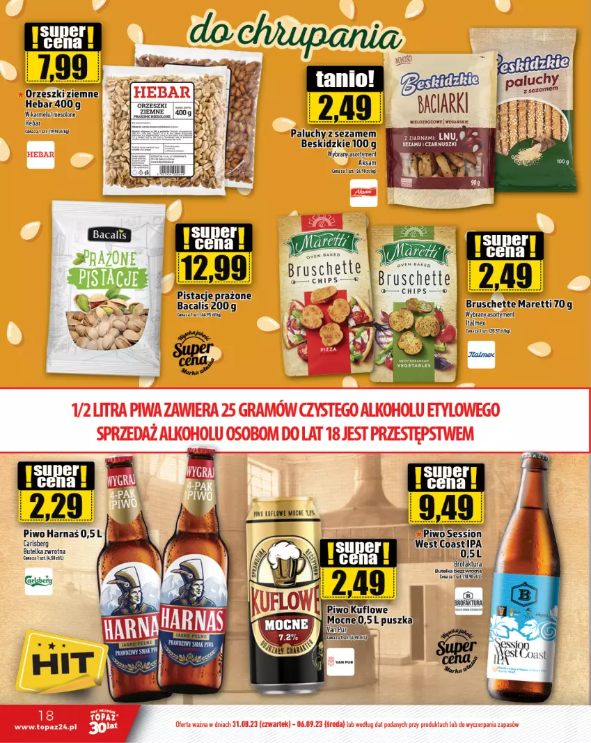 Gazetka promocyjna Topaz - Gazetka - ważna 31.08 do 06.09.2023 - strona 18 - produkty: Beskidzki, Bruschette, Carlsberg, Fa, Gra, Harnaś, Orzeszki, Orzeszki ziemne, Pistacje, Piwa, Piwo, Sezam, Top