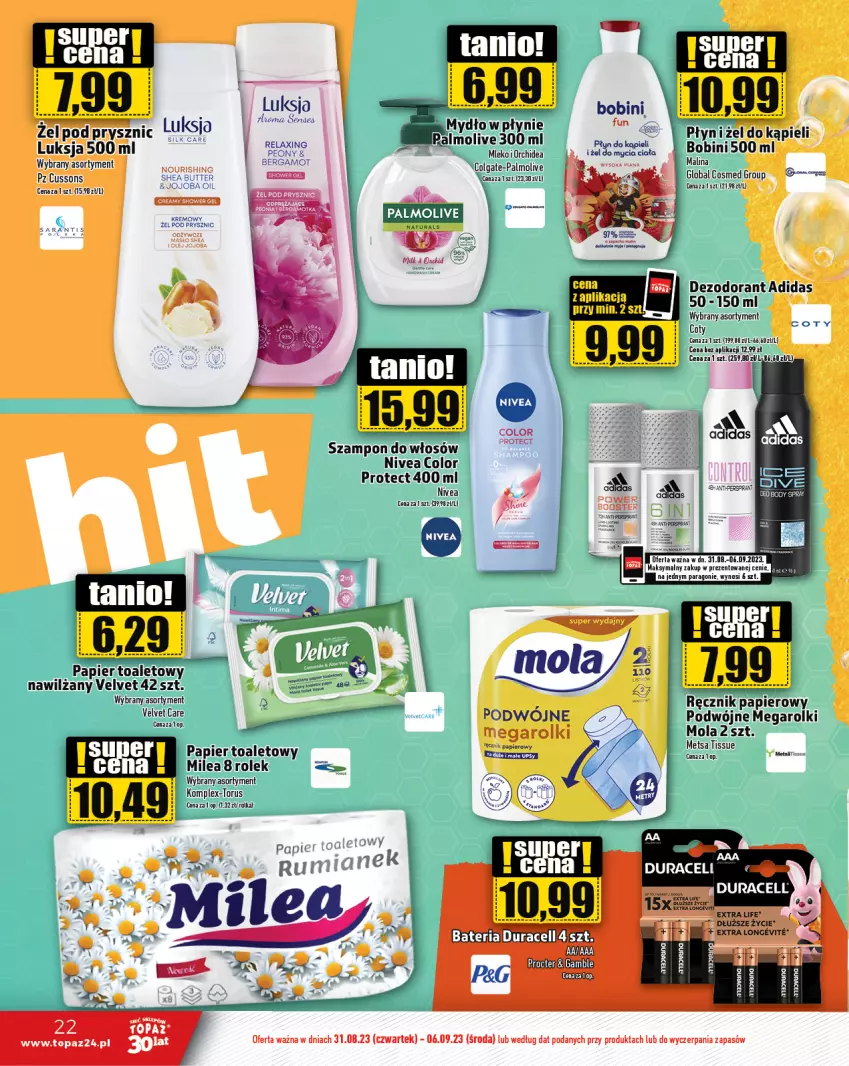 Gazetka promocyjna Topaz - Gazetka - ważna 31.08 do 06.09.2023 - strona 22 - produkty: Adidas, Bateria, Colgate, Dezodorant, Duracell, LG, Luksja, Mola, Nivea, Palmolive, Papier, Papier toaletowy, Ręcznik, Rolki, Rum, Szampon, Top, Velvet