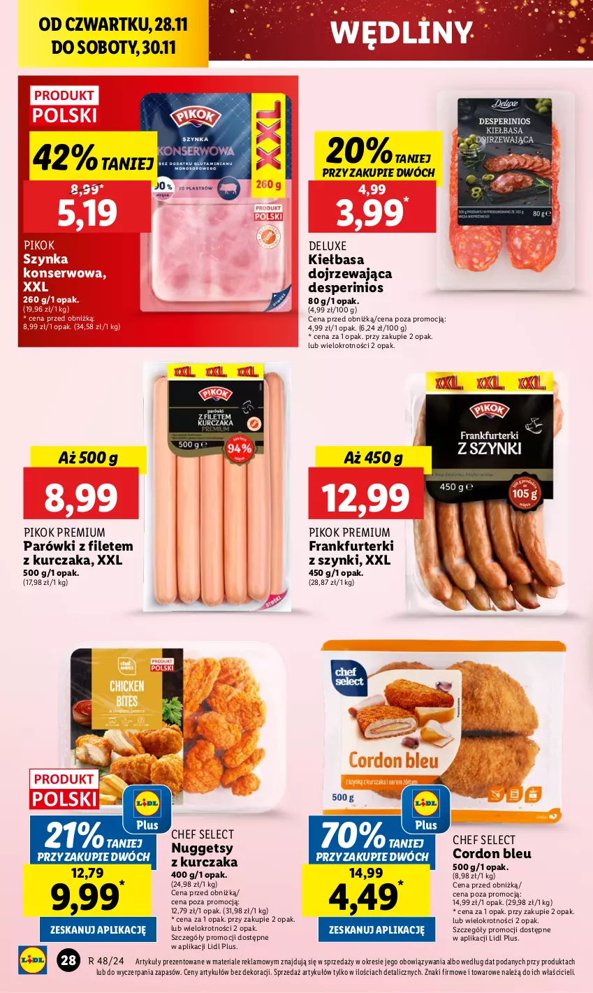 Gazetka promocyjna Lidl - GAZETKA - ważna 28.11 do 30.11.2024 - strona 28 - produkty: Cordon Bleu, Frankfurterki, Kiełbasa, Kurczak, Parówki, PIKOK, Ser, Szynka, Szynka konserwowa