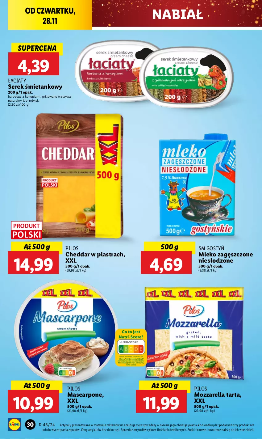 Gazetka promocyjna Lidl - GAZETKA - ważna 28.11 do 30.11.2024 - strona 30 - produkty: Cheddar, Grill, Mascarpone, Mleko, Mleko zagęszczone, Mozzarella, Pilos, Ser, Serek, Tarta, Warzywa