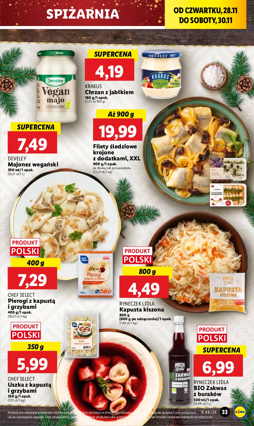 Gazetka promocyjna Lidl - GAZETKA - ważna 28.11 do 30.11.2024 - strona 33 - produkty: Chrzan, Kapustą, Krakus, Majonez, Pierogi