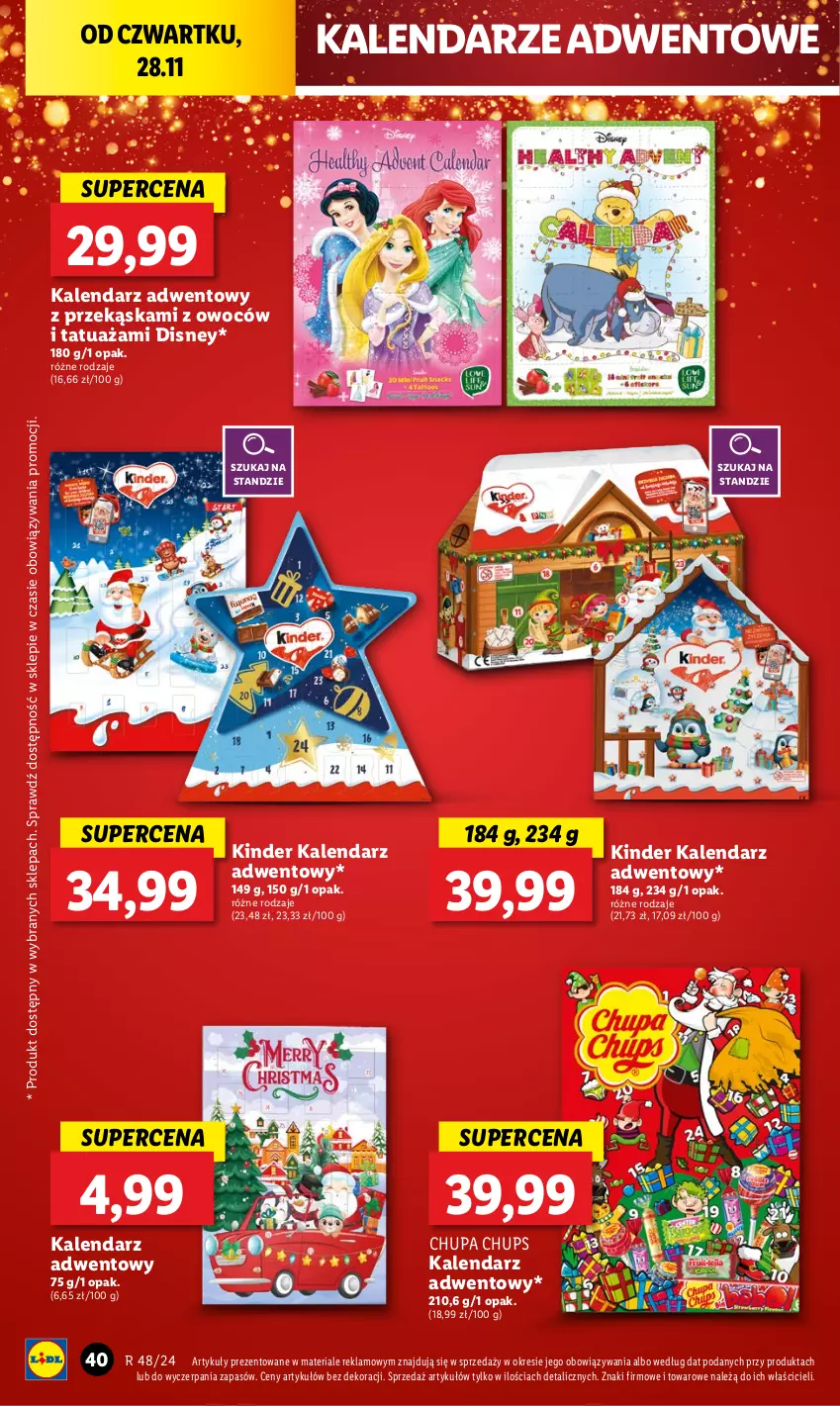 Gazetka promocyjna Lidl - GAZETKA - ważna 28.11 do 30.11.2024 - strona 40 - produkty: Chupa Chups, Disney, Kalendarz, Kalendarz adwentowy, Kinder