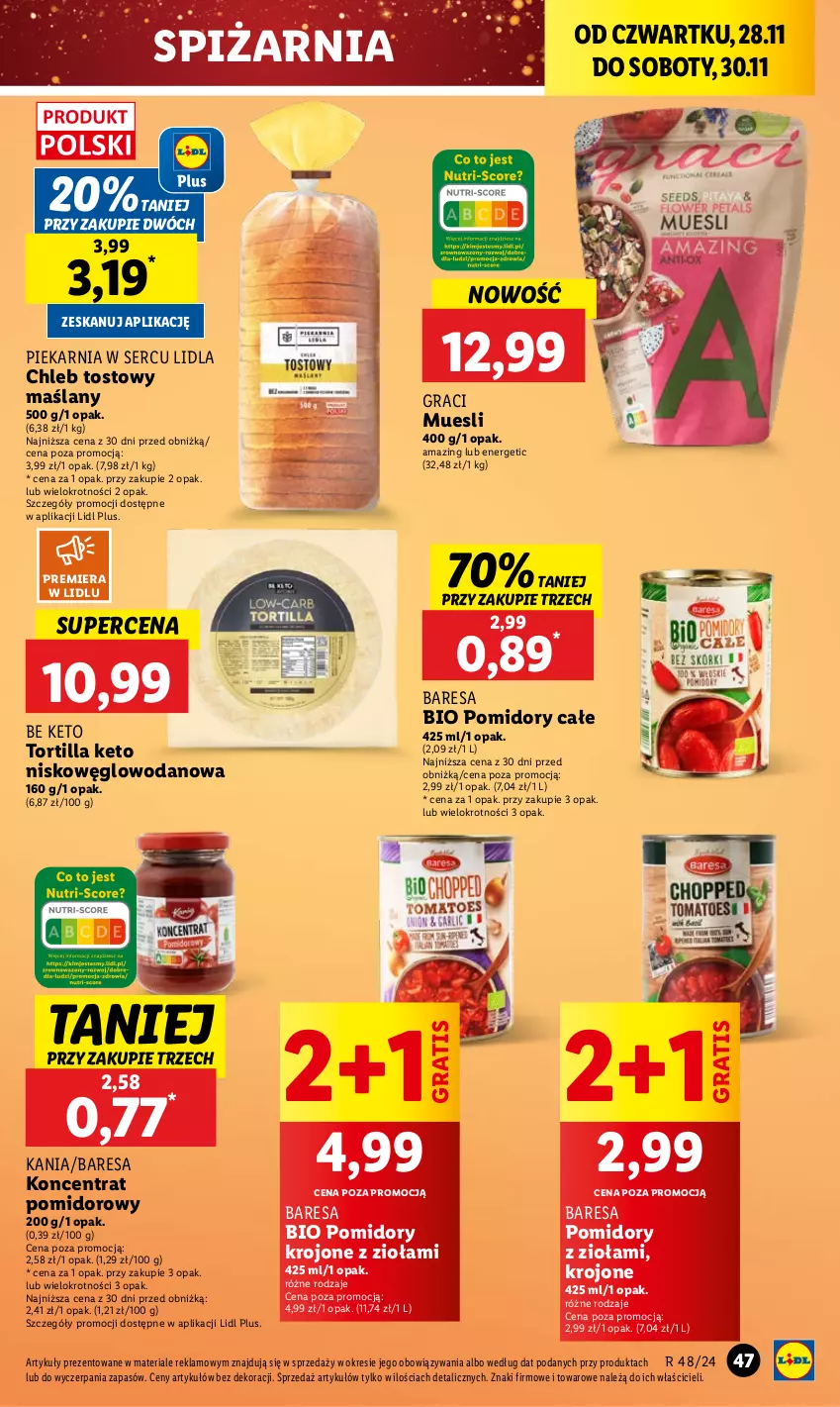 Gazetka promocyjna Lidl - GAZETKA - ważna 28.11 do 30.11.2024 - strona 47 - produkty: Chleb, Chleb tostowy, Gra, Koncentrat pomidorowy, Pomidory, Pomidory krojone, Ser, Tortilla, Woda