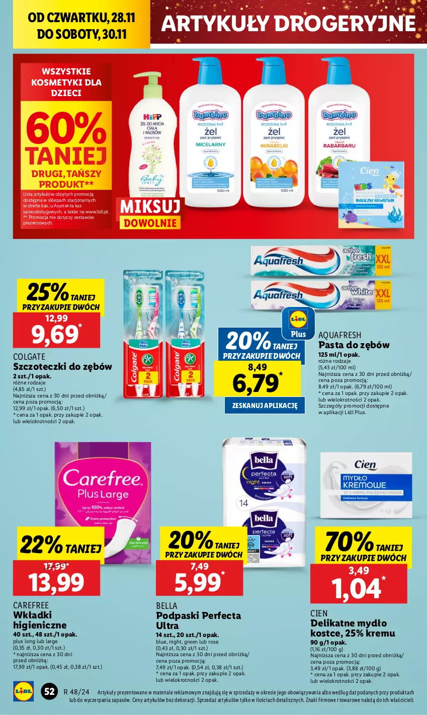 Gazetka promocyjna Lidl - GAZETKA - ważna 28.11 do 30.11.2024 - strona 54 - produkty: Aquafresh, Bell, Bella, Carefree, Colgate, Dzieci, Kosmetyki dla dzieci, LG, Mydło, Pasta do zębów, Perfecta, Podpaski, Wkładki