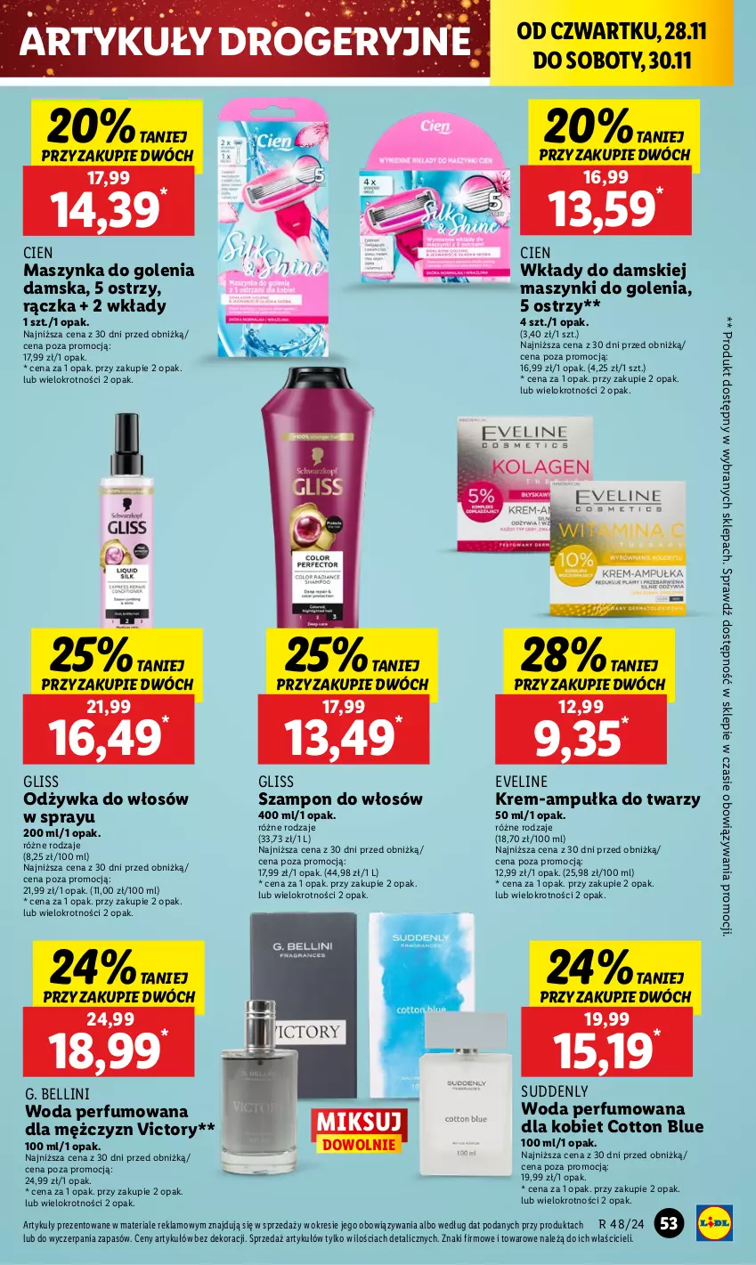 Gazetka promocyjna Lidl - GAZETKA - ważna 28.11 do 30.11.2024 - strona 55 - produkty: Bell, Eveline, Maszynka, Maszynka do golenia, Odżywka, Perfum, Szampon, Szynka, Woda, Woda perfumowana