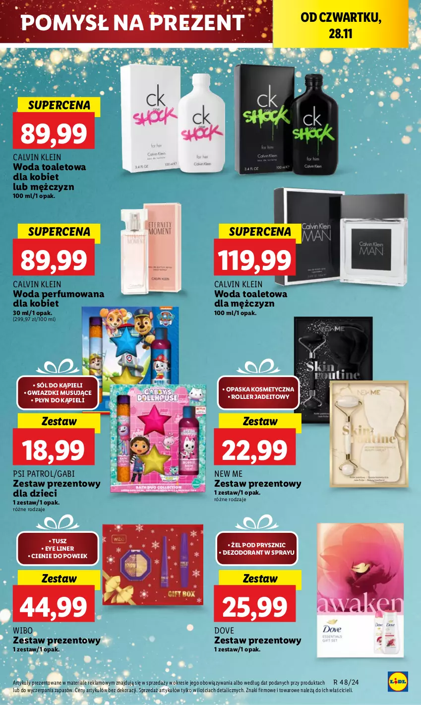 Gazetka promocyjna Lidl - GAZETKA - ważna 28.11 do 30.11.2024 - strona 57 - produkty: Calvin Klein, Dezodorant, Dove, Dzieci, Mus, Opaska, Perfum, Płyn do kąpieli, Psi Patrol, Roller, Sól, Sól do kąpieli, Tusz, Wibo, Woda, Woda perfumowana, Woda toaletowa, Zestaw prezentowy