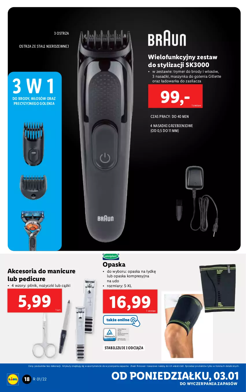 Gazetka promocyjna Lidl - GAZETKA - ważna 03.01 do 09.01.2022 - strona 18 - produkty: Cążki, Gillette, Maszynka, Maszynka do golenia, Noż, Nożyczki, Opaska, Pilnik, Szynka, Warka