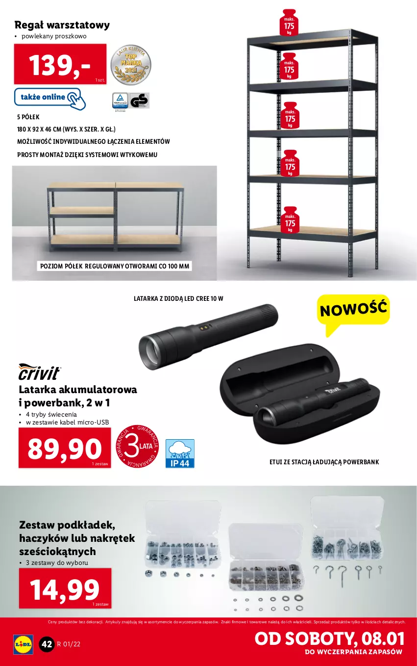 Gazetka promocyjna Lidl - GAZETKA - ważna 03.01 do 09.01.2022 - strona 42 - produkty: Akumulator, Haczyk, Latarka, Podkład, Powerbank, Regał, Tarka