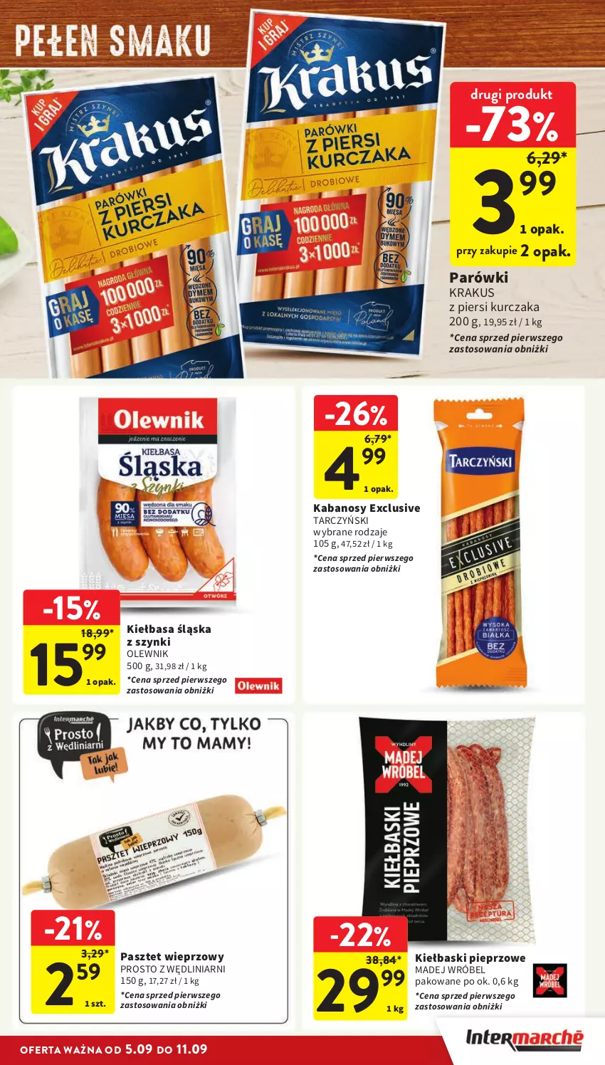 Gazetka promocyjna Intermarche - Gazetka Intermarche - ważna 05.09 do 11.09.2024 - strona 17 - produkty: Kabanos, Kiełbasa, Kiełbasa śląska, Kiełbaski pieprzowe, Krakus, Kurczak, Madej Wróbel, Olewnik, Parówki, Pasztet, Pieprz, Tarczyński