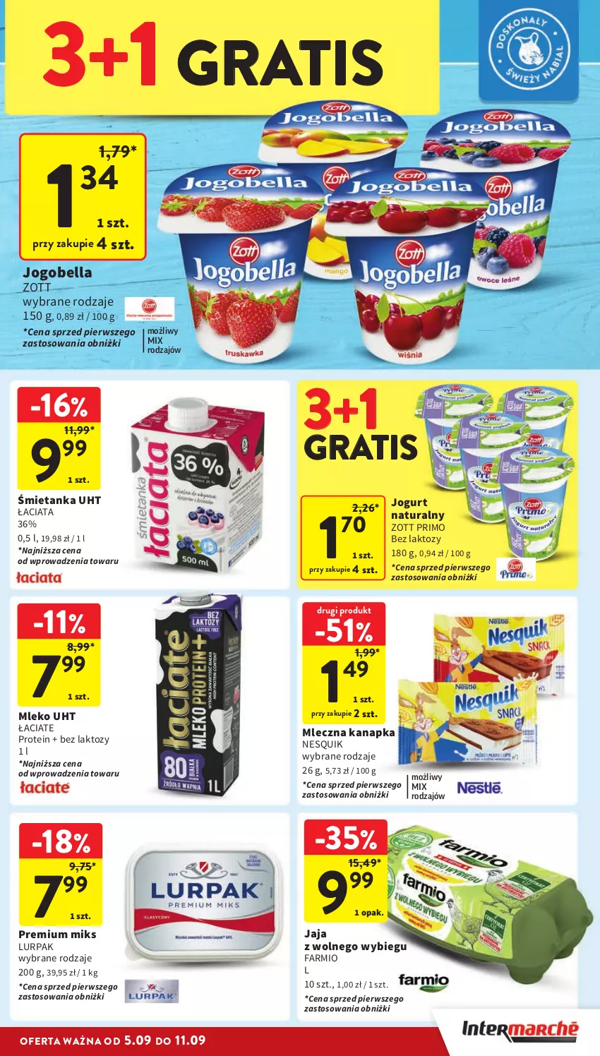 Gazetka promocyjna Intermarche - Gazetka Intermarche - ważna 05.09 do 11.09.2024 - strona 25 - produkty: Bell, Bella, Fa, Gra, Jaja, Jaja z wolnego wybiegu, Jogobella, Jogurt, Jogurt naturalny, Lurpak, Mleczna kanapka, Mleko, Nesquik, Zott, Zott Primo