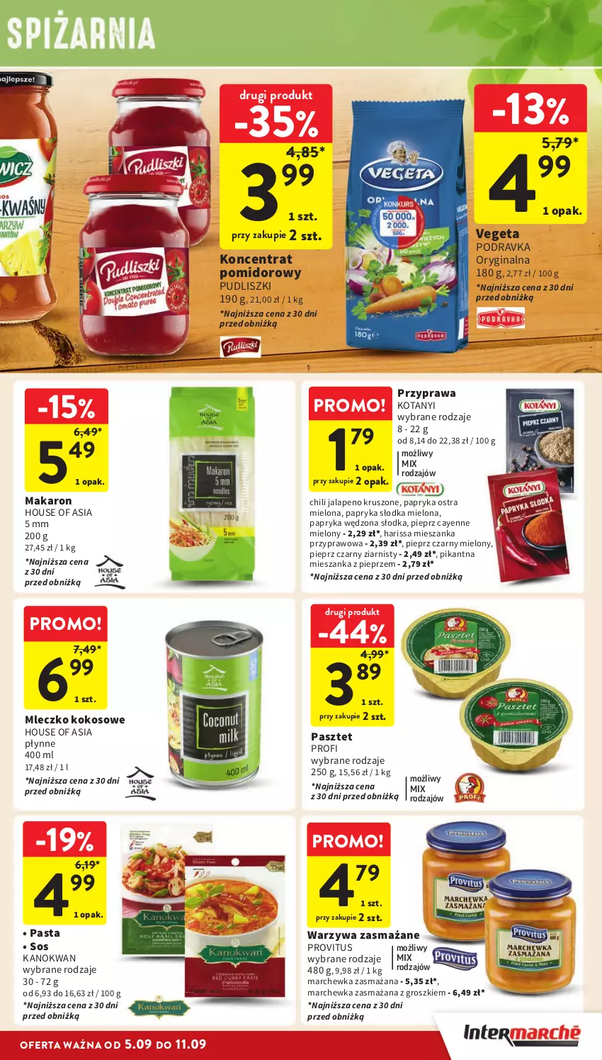 Gazetka promocyjna Intermarche - Gazetka Intermarche - ważna 05.09 do 11.09.2024 - strona 31 - produkty: Gin, House of Asia, Kokos, Koncentrat pomidorowy, Makaron, Marchewka, Mleczko, Papryka, Papryka słodka, Papryka wędzona, Pasztet, Pieprz, Podravka, Pudliszki, Sos, Vegeta, Warzywa