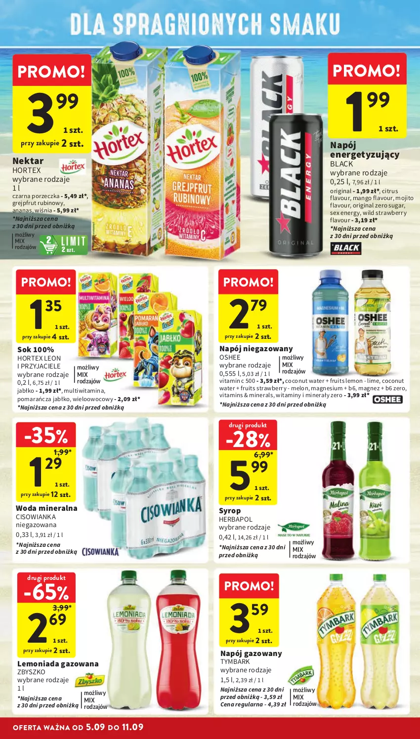 Gazetka promocyjna Intermarche - Gazetka Intermarche - ważna 05.09 do 11.09.2024 - strona 36 - produkty: Ananas, Cisowianka, Gin, Grejpfrut, Herbapol, Hortex, Lack, Lemoniada, Leon, Magnez, Mango, Melon, Napój, Napój gazowany, Napój niegazowany, Nektar, Oshee, Por, Rubin, Sok, Syrop, Tymbark, Woda, Woda mineralna