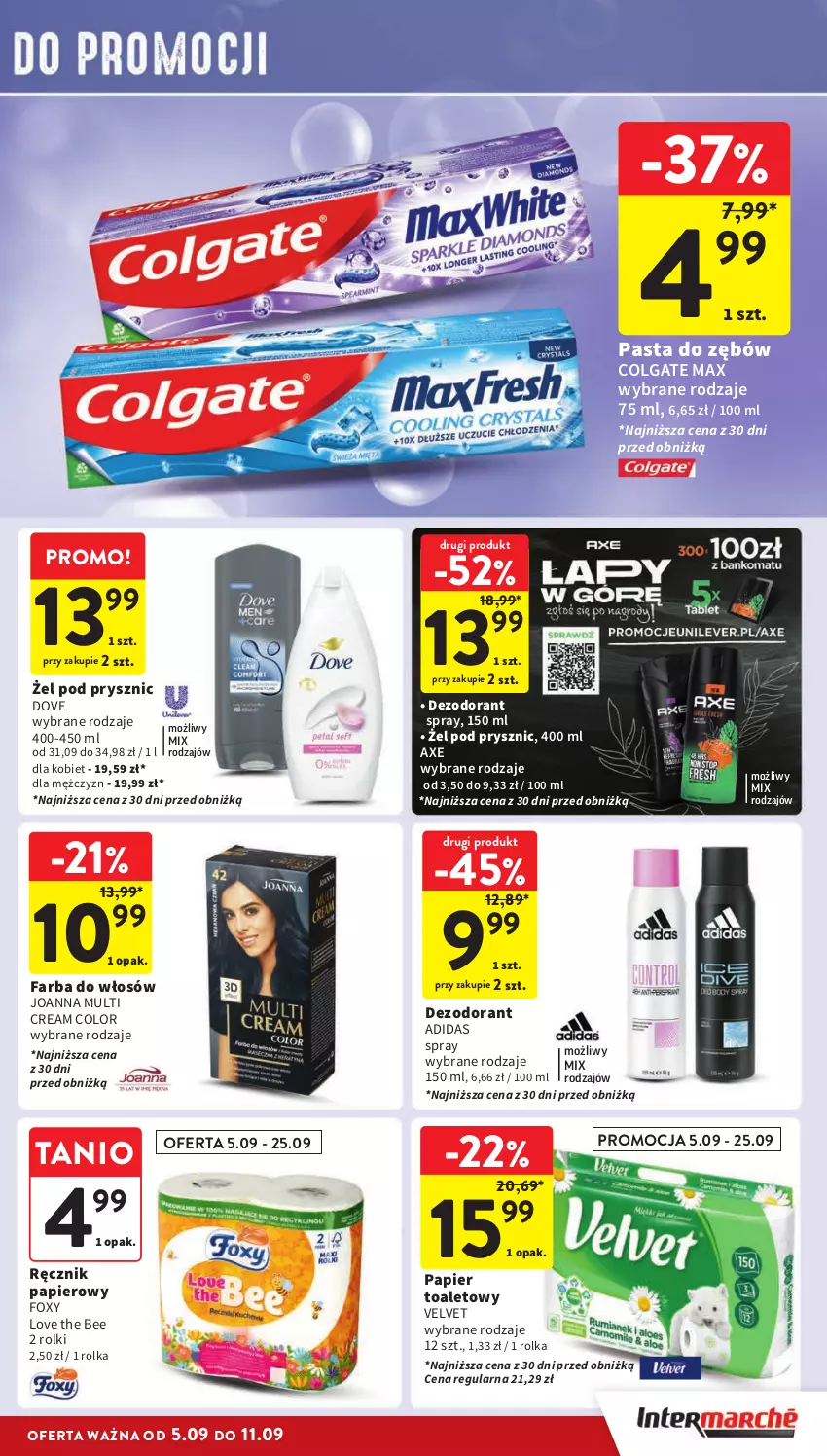 Gazetka promocyjna Intermarche - Gazetka Intermarche - ważna 05.09 do 11.09.2024 - strona 39 - produkty: Adidas, Colgate, Dezodorant, Dove, Fa, Farba do włosów, Foxy, Joanna, LG, Papier, Papier toaletowy, Pasta do zębów, Ręcznik, Rolki, Velvet