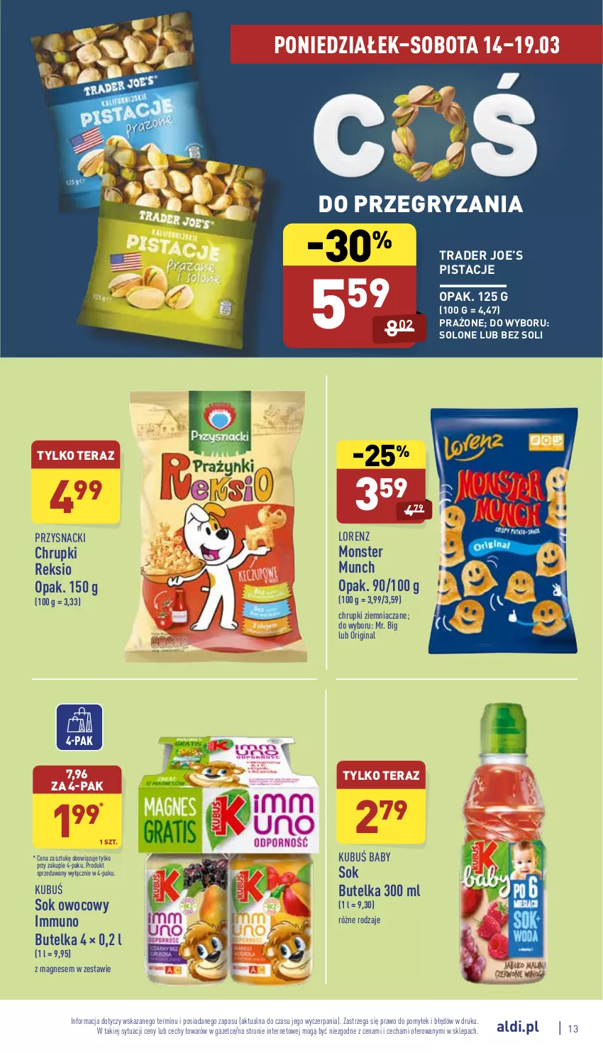 Gazetka promocyjna Aldi - Pełny katalog - ważna 14.03 do 19.03.2022 - strona 13 - produkty: Chrupki, Gin, Gry, Kubuś, Lorenz, Monster Munch, Pistacje, Przysnacki, Sok, Tera