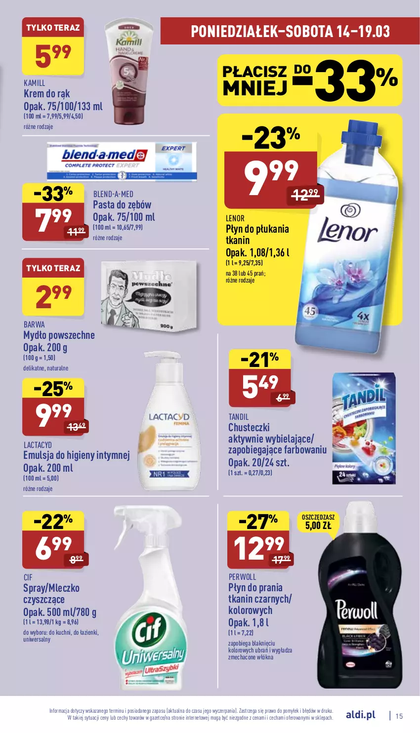 Gazetka promocyjna Aldi - Pełny katalog - ważna 14.03 do 19.03.2022 - strona 15 - produkty: Blend-a-Med, Chusteczki, Cif, Emulsja, Fa, Kamill, Krem do rąk, Lactacyd, Lenor, Mleczko, Mydło, Pasta do zębów, Perwoll, Płyn do płukania, Płyn do prania, Tera