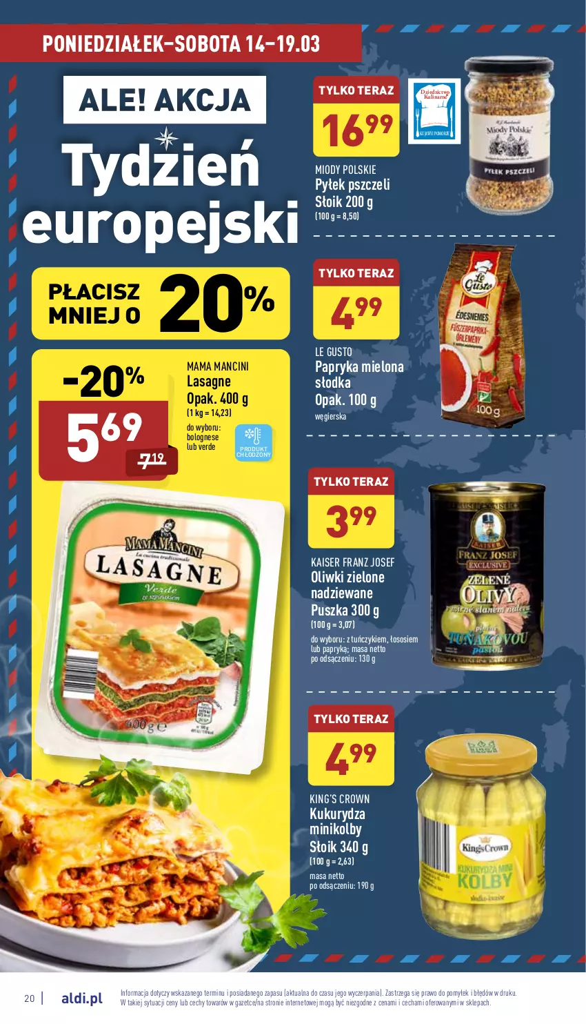 Gazetka promocyjna Aldi - Pełny katalog - ważna 14.03 do 19.03.2022 - strona 20 - produkty: King’s Crown, Kukurydza, Lasagne, Oliwki, Oliwki zielone, Papryka, Ser, Sos, Tera, Tuńczyk