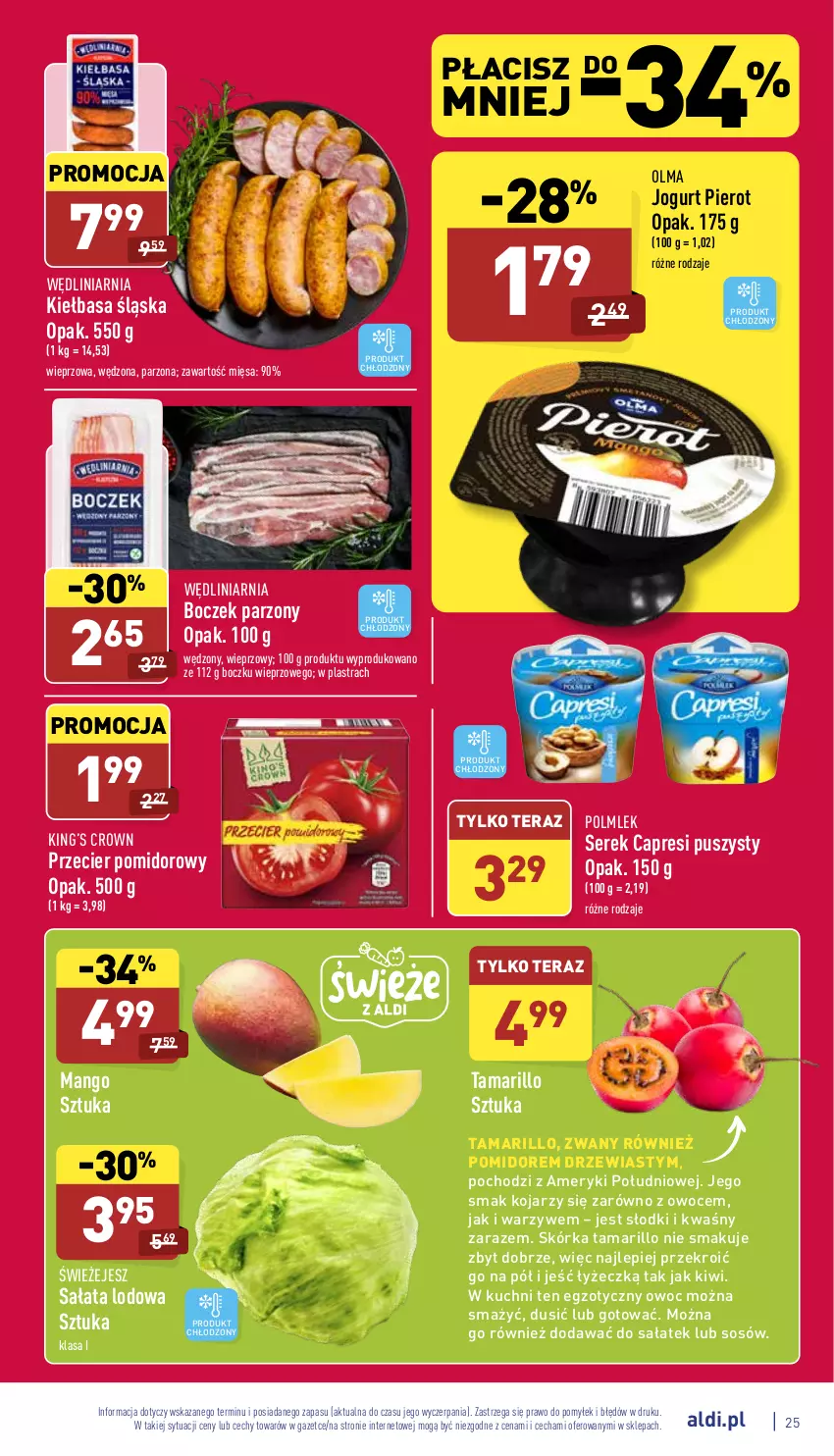 Gazetka promocyjna Aldi - Pełny katalog - ważna 14.03 do 19.03.2022 - strona 25 - produkty: Boczek, Jogurt, Kiełbasa, Kiełbasa śląska, King’s Crown, Kiwi, Mango, Olma, Owoce, POLMLEK, Sałat, Sałata lodowa, Ser, Serek, Sos, Tera