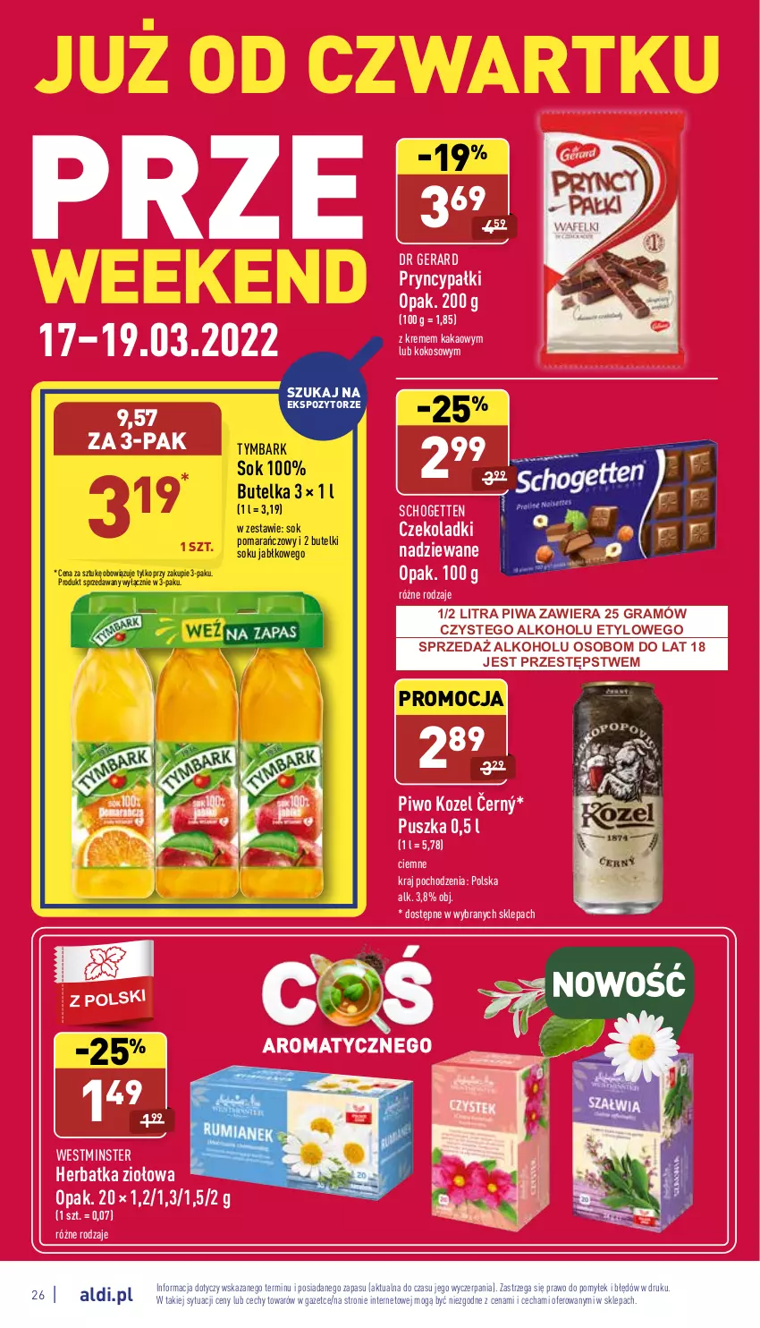 Gazetka promocyjna Aldi - Pełny katalog - ważna 14.03 do 19.03.2022 - strona 26 - produkty: Dr Gerard, Gra, Kakao, Kokos, Kozel, Piwa, Piwo, Schogetten, Sok, Sok pomarańczowy, Tymbark