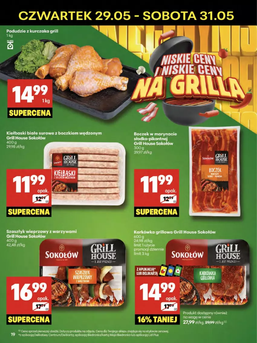 Gazetka promocyjna Delikatesy Centrum - Franczyza DC22 Czwartek - ważna 29.05 do 04.06.2025 - strona 19 - produkty: Boczek, Dron, Grill, Kiełbaski białe, Kurczak, Podudzie z kurczaka, Sok, Sokołów, Warzywa