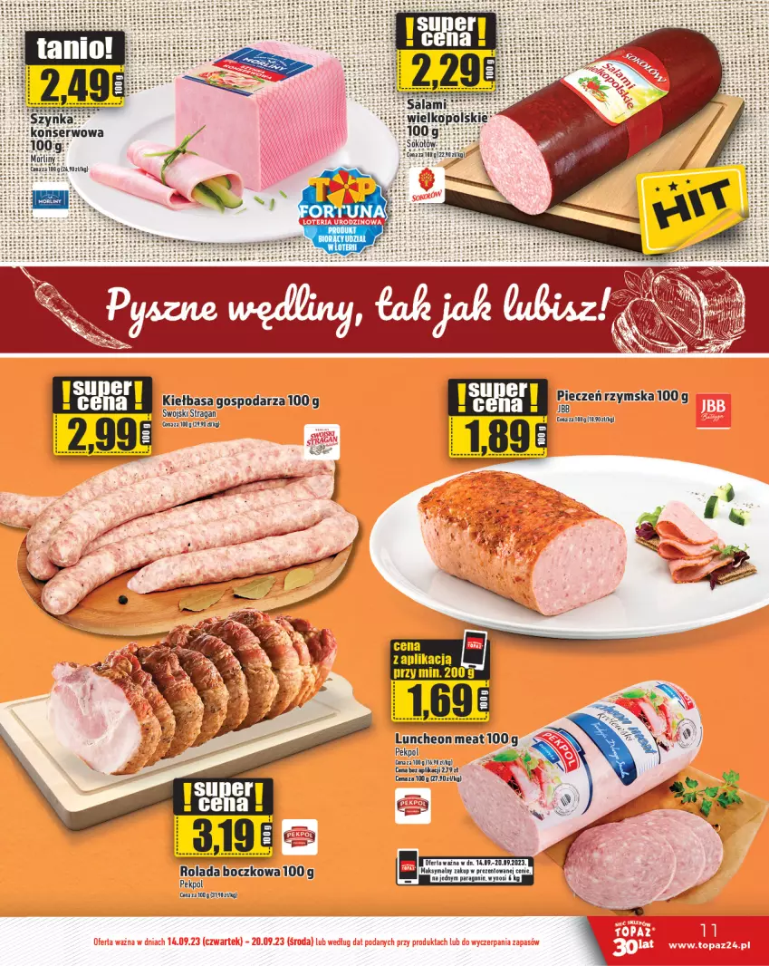 Gazetka promocyjna Topaz - Gazetka - ważna 14.09 do 20.09.2023 - strona 11 - produkty: Kiełbasa, Pekpol, Piec, Pieczeń rzymska, Rolada