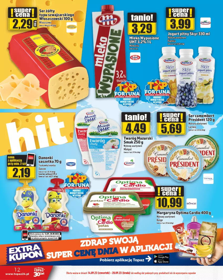 Gazetka promocyjna Topaz - Gazetka - ważna 14.09 do 20.09.2023 - strona 12 - produkty: Danone, Danonki, Jogurt, Jogurt pitny, Margaryna, Optima, Optima Cardio, Ser, Top, Twaróg, Włoszczowski