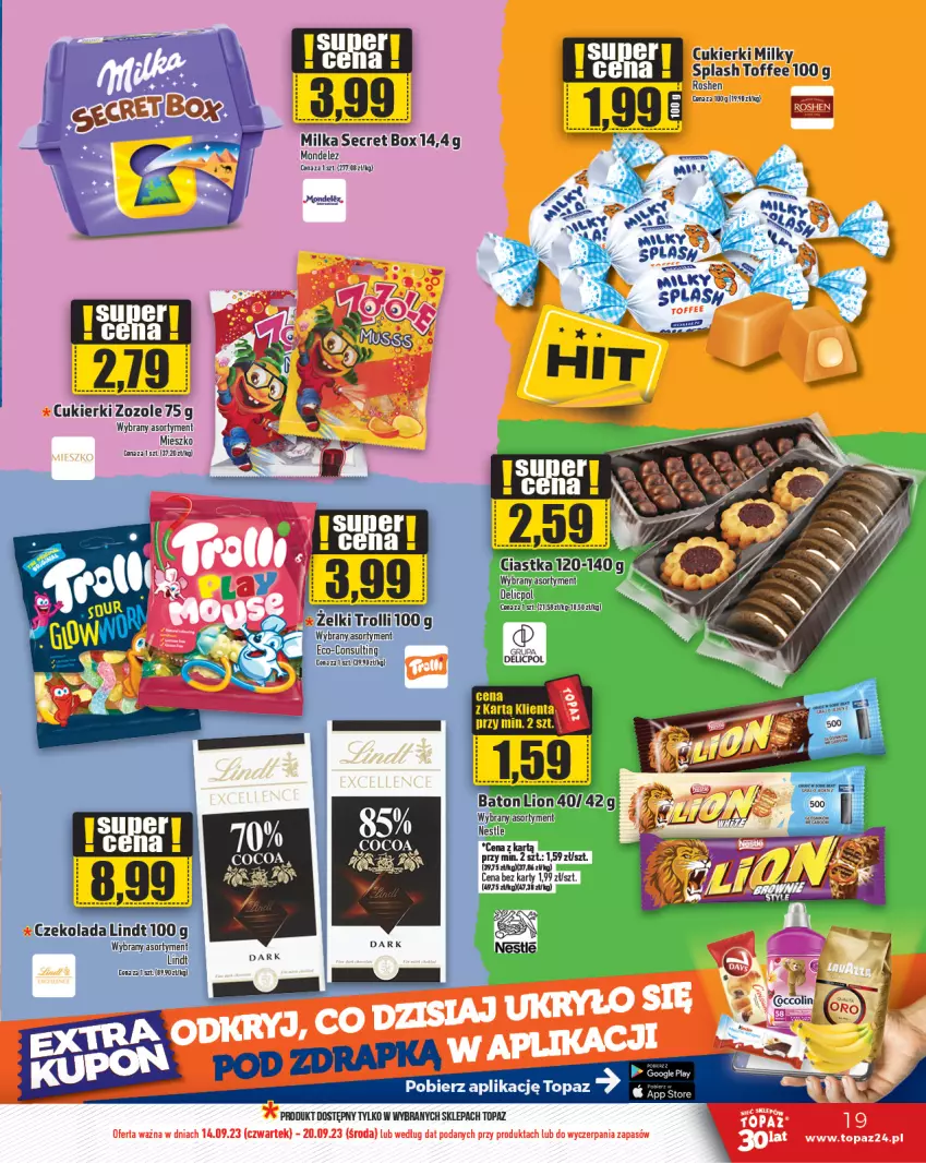 Gazetka promocyjna Topaz - Gazetka - ważna 14.09 do 20.09.2023 - strona 19 - produkty: Baton, Ciastka, Cukier, Cukierki, Czekolada, Koc, Lindt, Lion, Milka, Top