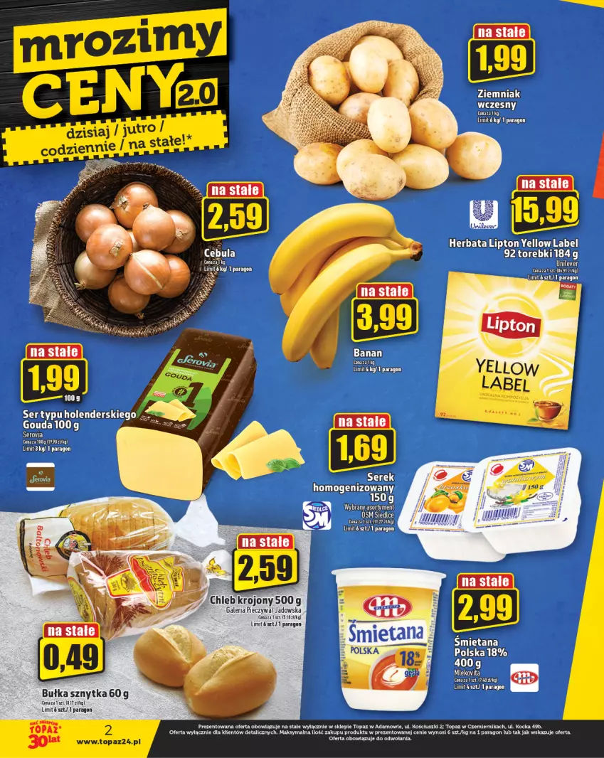 Gazetka promocyjna Topaz - Gazetka - ważna 14.09 do 20.09.2023 - strona 2 - produkty: Bułka, Cebula, Gouda, Herbata, Koc, Lipton, Mleko, Mlekovita, Piec, Ser, Serek, Serek homogenizowany, Top